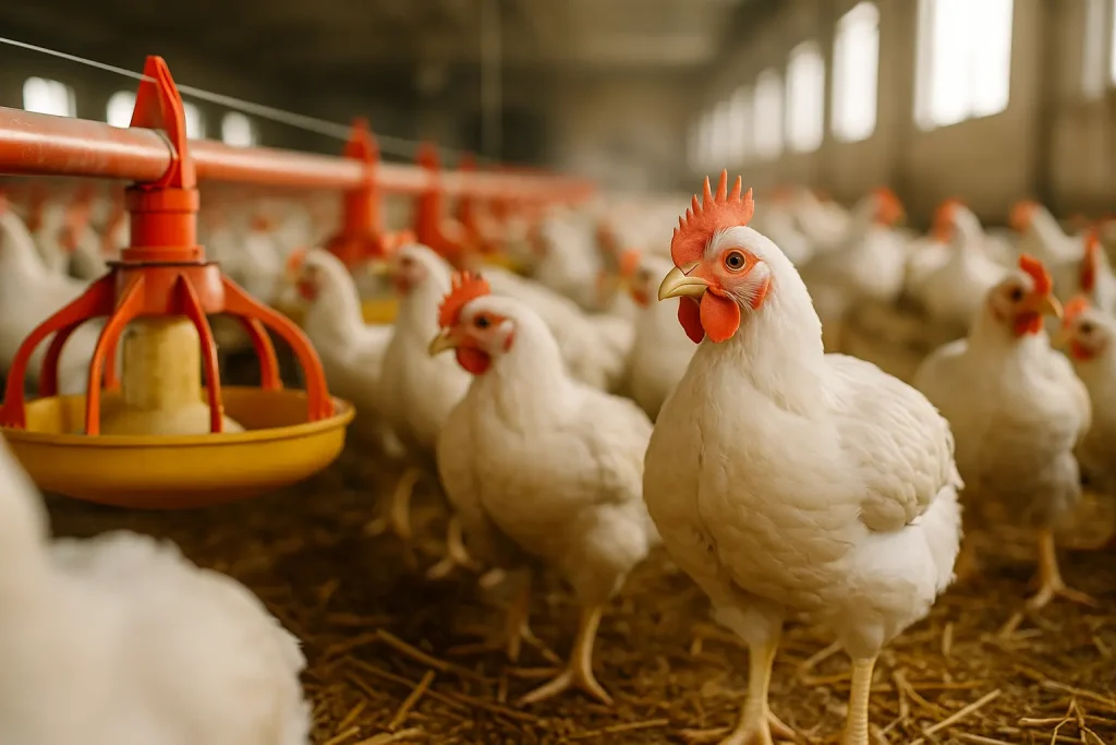 Broiler chickens inside a modern poultry farm with feeding system